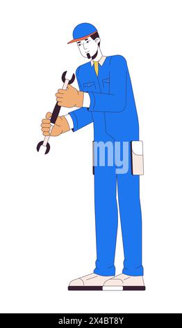 Caucasian worker with wrench 2D linear cartoon character Stock Vector