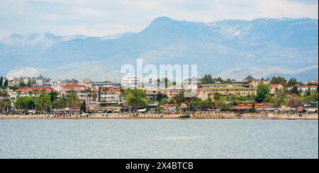 Front view of the touristic beach of Side town, Manavgat district of Antalya Stock Photo