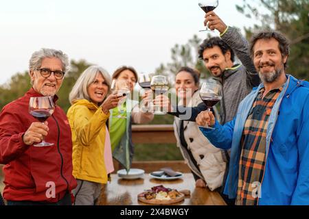 Group of friends - toasting with wine glasses outdoors, diverse adult friends enjoying a moment together - cheerful, social gathering. Stock Photo