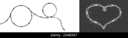 Wire Barb heart frame y2k tattoo border gothic spiky punk textuted print isolated on dark background. Barbwire emo boundary heart shape. Vector illustration Stock Vector