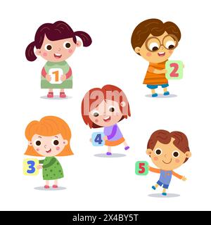 Children with numbers from 1 to 5. Cartoon flat style characters for design. Vector isolated illustrations, full color. Math for kids. Stock Vector