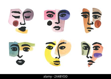 Vector set of woman collage faces, ink hand drawn portraits with painting. Creative fashion concepts, prints, cubism illustration Stock Vector