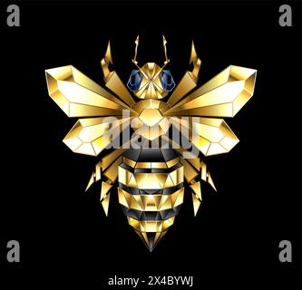 Gold, jewelry, polygonal bee with golden sparkling wings on black background. Polygonal style animal.Golden bee. Stock Vector