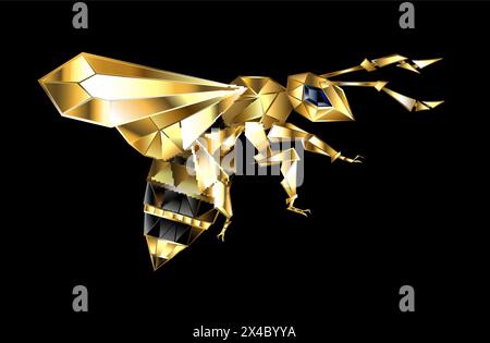 Gold, jewelry, flying, polygonal bee with golden sparkling wings on black background. Polygonal style animal.Golden bee. Stock Vector