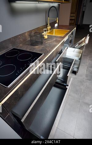 Dishwasher and kitchen waste bin cabinet. Pull out kitchen drawers for waste bin separate waste collection and Dishwasher under golden sink basin and Stock Photo