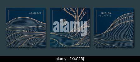 Vector wave japanese landscape, square patterns, nature asian posters. Tree with sun and hills illustration, line style, gold on dark background Stock Vector