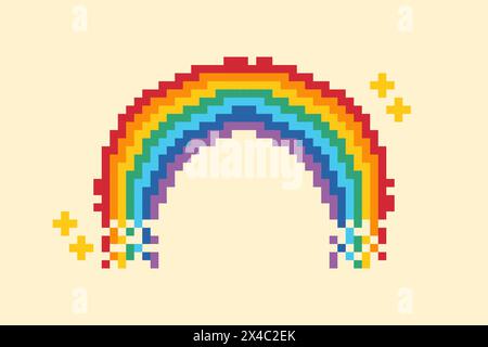 Pixel Rainbow icon illustration. Vector pixel art. Rainbow sign 8 bit logo for game, card, banner, sticker Stock Vector