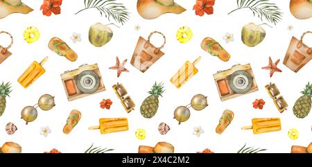 Seamless Pattern. Summer Accessories. Beach Holidays. Sunglasses, Camera, Fruits, Tropical Flowers and Leaves, Shells, Starfish. For Wallpaper, Wrappi Stock Photo