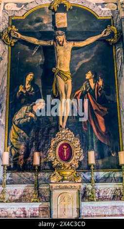 Chapel Lady Seven Sorrows Crucifixion painting Basilica Saint Marie and Saint Reparte de Nice, Cote d'Azur, France. Chapel from 1600's painting by Joseph Provensau in 1837 Stock Photo