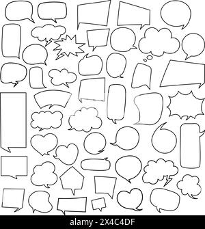 Speech Bubbles, Chat Boxes, Message Balloons Doodles Collection. Isolated Hand-Drawn Vector Illustrations with Empty Outlines Stock Vector