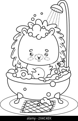 Cute cartoon hedgehog bathes in bath with foam and rubber duck in shower. Outline funny kawaii animal character. Line drawing, coloring book. Vector i Stock Vector