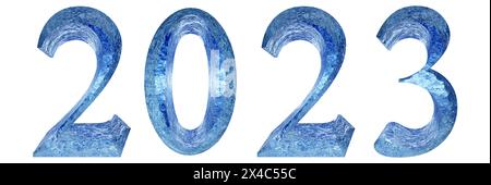 Concept conceptual 2023 year made of  blue ice font isolated on white background. An abstract 3D illustration as a  metaphor for future, celebration Stock Photo