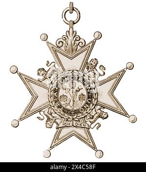 An old illustration of the Badge of a Companion of the Order of the Bath (UK) . The order is divided into three classes: Knight Grand Cross (GCB), Knight Commander (KCB), and Companion (CB). The Companion of the Order of the Bath is the third-highest rank in the order.  Founded in 1725 by King George I, it was originally a military award . Stock Photo