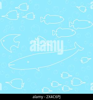 Marine seamless pattern with fish and whale silhouettes Stock Vector