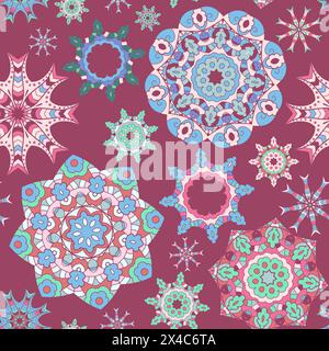 Bright seamless background with circle mandala ornaments. Stock Vector