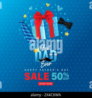 Fathers Day Sale banner design for Best Dad Ever. Special offer up to 50% off, promotion banner with 3D gift box, necktie and bow. Vector illustration Stock Vector