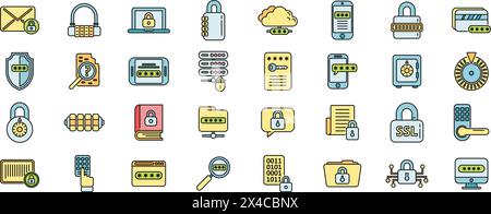 Cipher icons set outline vector. Data security. Lock protection thin line color flat on white Stock Vector
