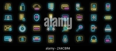 Cipher icons set outline vector. Data security. Lock protection neon color on black Stock Vector