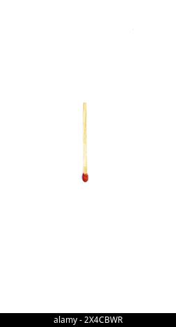 Single match stick. Single match stick isolated in white background. Close-up of a red match isolated on a white background. Wooden match close-up isolated on white background. Red Matchstick. Stock Photo