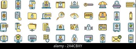 Password protection icons set outline vector. Safety shield. Lock id thin line color flat on white Stock Vector