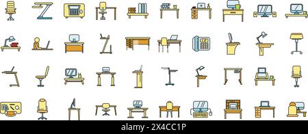 Ergonomic workplace icons set outline vector. Body chair. Comfort computer thin line color flat on white Stock Vector