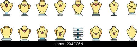 Jewelry dummy icons set outline vector. Bust chain. Diamond fashion thin line color flat on white Stock Vector