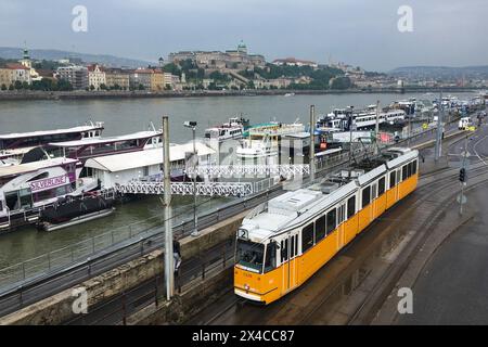 (240502) -- BUDAPEST, May 2, 2024 (Xinhua) -- A tram runs past a pier of the Danube River in Budapest, Hungary May 19, 2021. (Xinhua/Zheng Huansong) Stock Photo