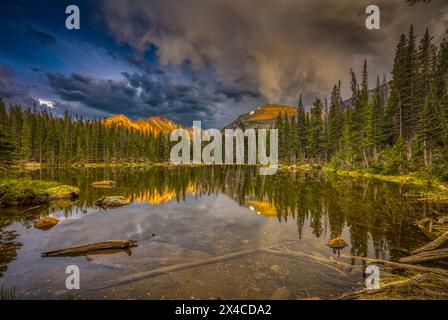 USA, Colorado, Rocky Mountain National Park. Mountain and forest reflections in Nymph Lake. Stock Photo