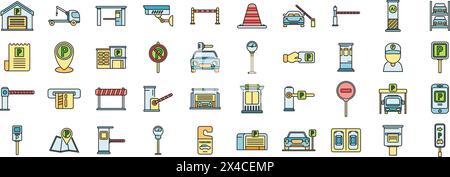 Paid parking icons set outline vector. Park gate. Garage place thin line color flat on white Stock Vector