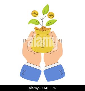 A hand is holding a yellow pot with money tree. Bag with plant with gold coins and leaves. Flat vector illustration isolated on white background. Stock Vector