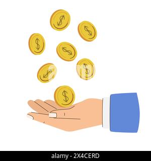 A hand is catches falling gold coins. Cash, 10 cent coins. Flat vector illustration isolated on white background. Stock Vector