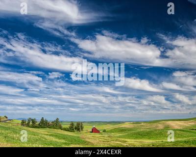 USA, Idaho, Palouse. Red barn on a farm in the Palouse during summer. Stock Photo