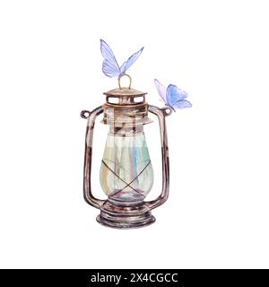 Lamp, antique with blue moths. Hand drawn watercolor illustration isolated on white background. For cards, invitations, banners, flyers, covers, poste Stock Photo