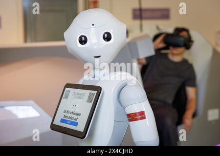 02 May 2024, Lower Saxony, Osnabrück: An exhibit (humanoid robot) in the special exhibition 'Artificial intelligence. The last invention of mankind?'. The Museum of Industrial Culture Osnabrück (MIK) is showing the exhibition from May 3 to October 27, 2024. Photo: Friso Gentsch/dpa Stock Photo