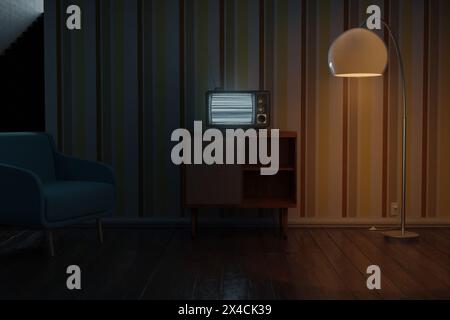 Retro Living Room With An Old TV With A Bright, Static Screen Stock Photo