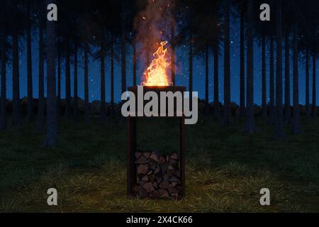 Large Campfire With Sparks In A Rusty Fire Bowl. In Front Of Pine Trees And A Starry Sky Stock Photo
