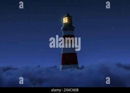 Switched-on Lighthouse Above Fluffy Clouds On A Starry Night Stock Photo