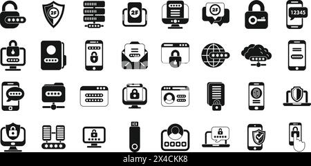 Multi factor authentication icons set simple vector. Password security. Page login Stock Vector