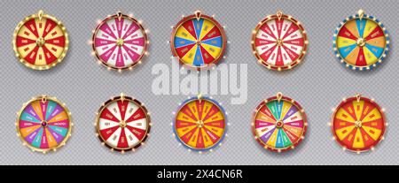 Fortune wheels colorful realistic vector illustration set. Luck win spin games. Casino roulettes 3d objects on transparent background Stock Vector
