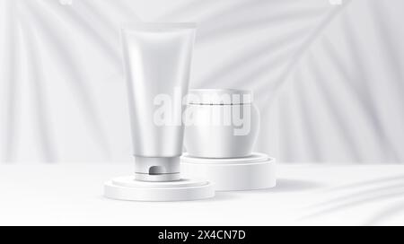 Mockup tube and jar on podium with shadow pattern realistic vector illustration. Cosmetic products containers 3d objects on white background Stock Vector