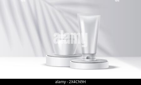 Mockup tube and jar on podium with shadow pattern realistic vector illustration. Cosmetic products containers 3d objects on white background Stock Vector