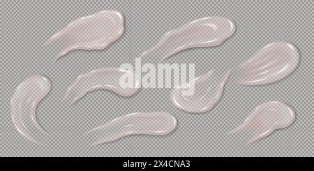 Watery pink cream smear set. Natural moisturizing gel for skin care. Realistic 3D texture cosmetic spot milk, sunscreen texture. Vector illustration s Stock Vector