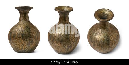 gold color rustic old style hand painted clay pot or vase isolated white background, decorative empty terracotta earthenware close-up multiple image Stock Photo