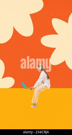 Poster. Contemporary art collage. Young woman, student in headphones using laptop while working, studying against background with abstract elements. Stock Photo
