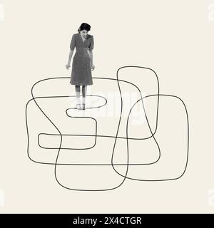 Young woman looking on drawn lines and feeling frustrated and lost. Having no direction to follow. Contemporary art collage. Stock Photo