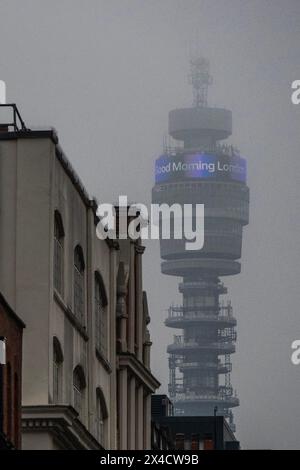 London, UK. 2nd May, 2024. Good morning london - Misty (foggy) weather shrouds the BT tower London. Credit: Guy Bell/Alamy Live News Stock Photo