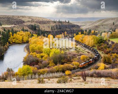 USA, Washington State, Kittitas County. Burlington Northern Santa Fe train along the Yakima River. (Editorial Use Only) Stock Photo