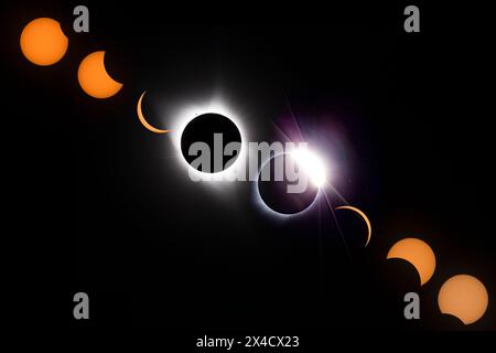 USA, Wyoming. Digital composite image of phases of total solar eclipse. Stock Photo