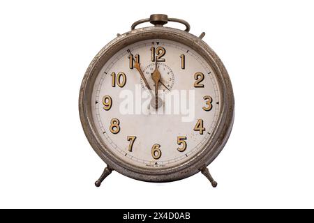 1930s Vintage Veglia Alarm Clock from Italy, Set to 5 to 12 on White Background Stock Photo