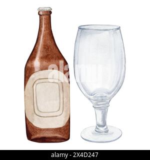 Hand-drawn watercolor illustration bottle of beer with empty glass for beer, watercolor international beer day. Stock Photo